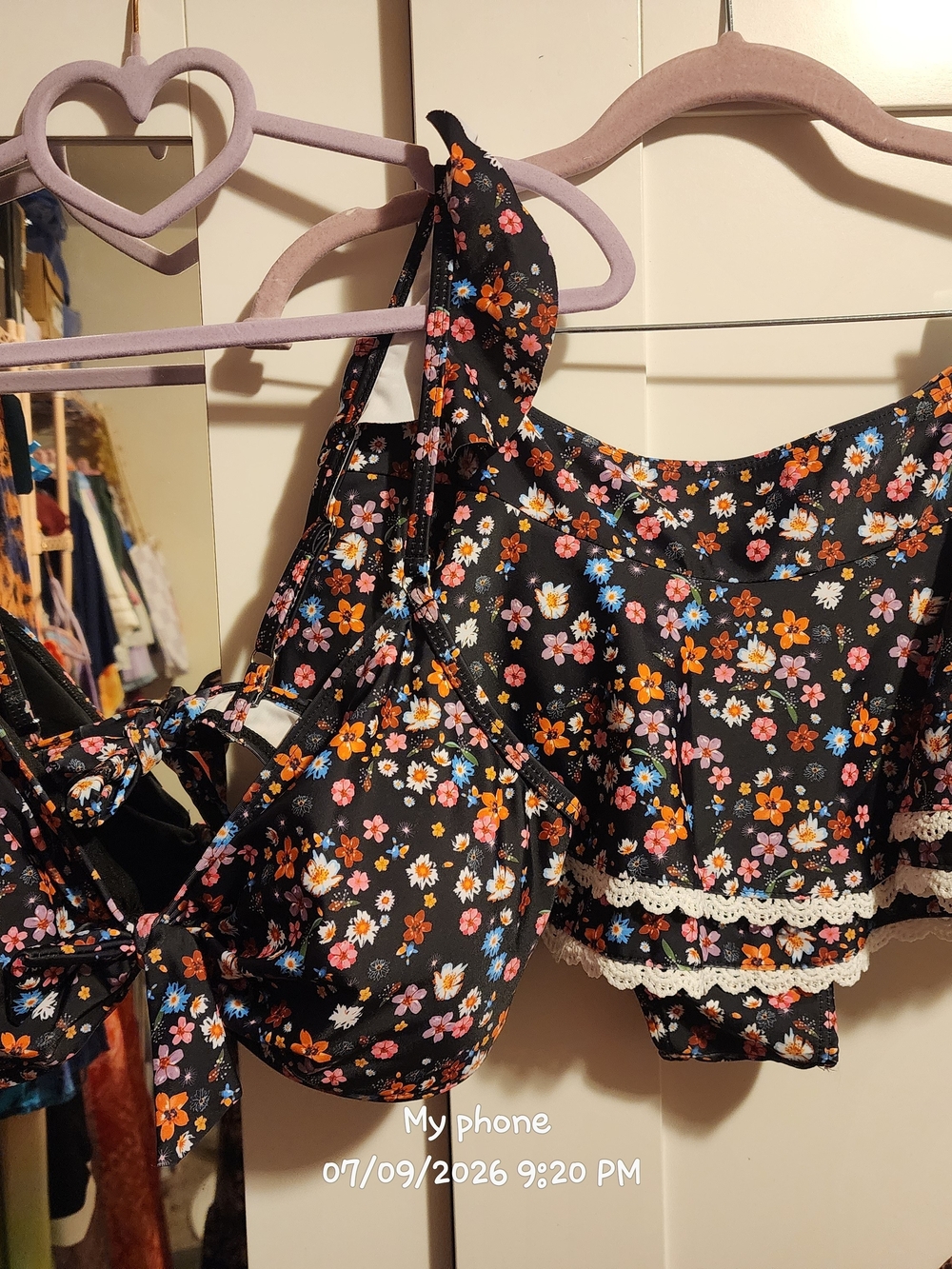 SHEIN Black Floral Tie-Front Bikini Set with Ruffle Skirt